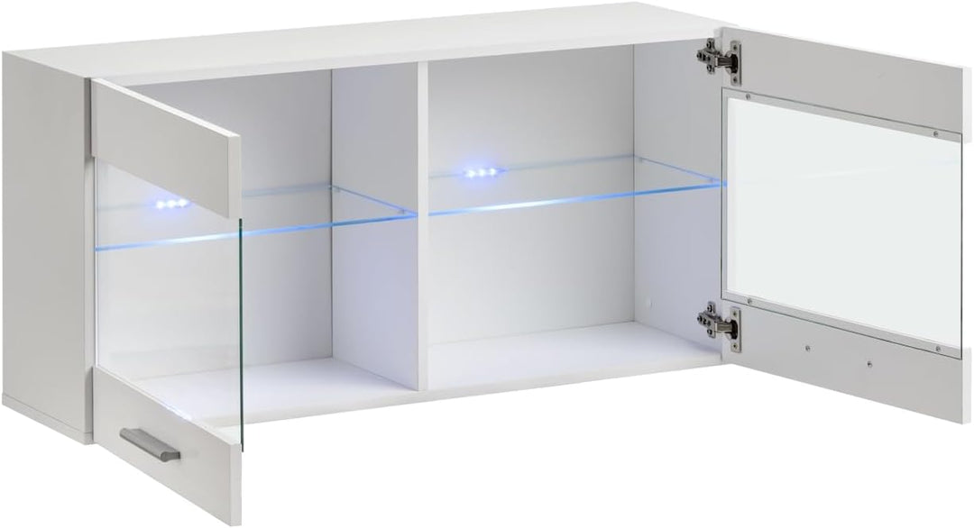 Vitrine Schrank Savona, Weiss/Weiss, Breite 100cm x Höhe 50cm x Tiefe 30cm, LED RGB, 2 Glasböden, 2