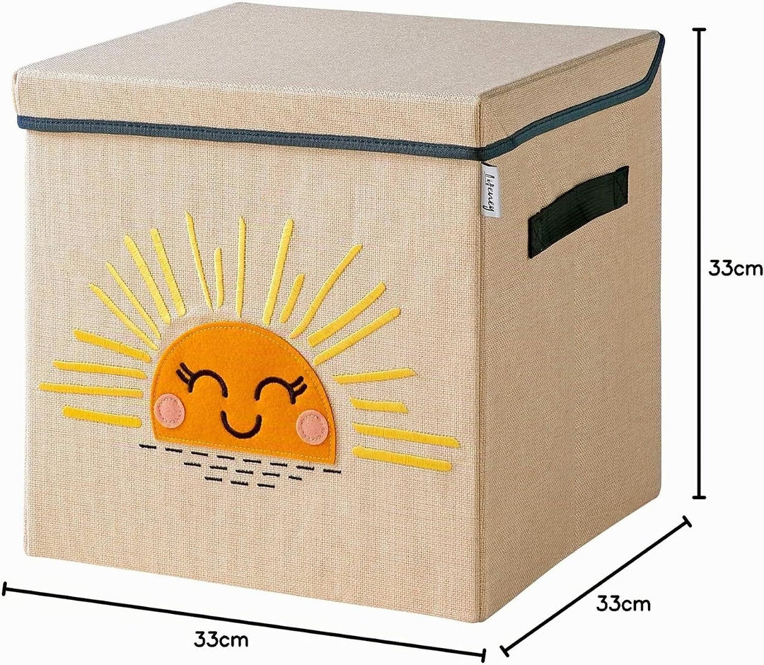 Aufbewahrungsbox mit Deckel und Sonne I Spielzeugbox mit Motiv passend für Würfelregale I Ordnungsbo
