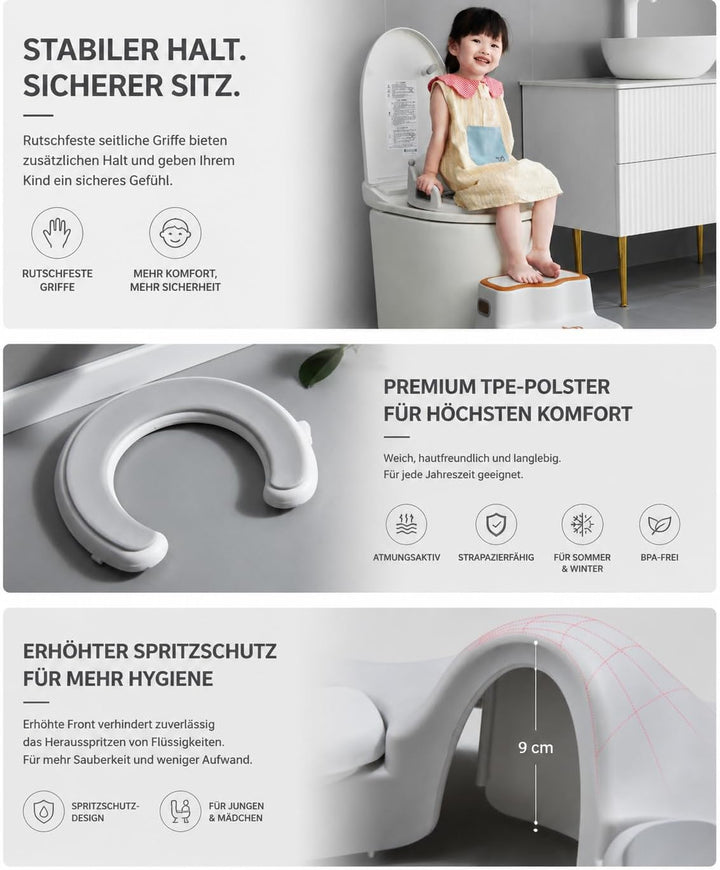 Kinder-Toilettensitz mit Rückenlehne und Griffen, hautfreundlich &amp; weich aus PP-Kunststoff, Toilette