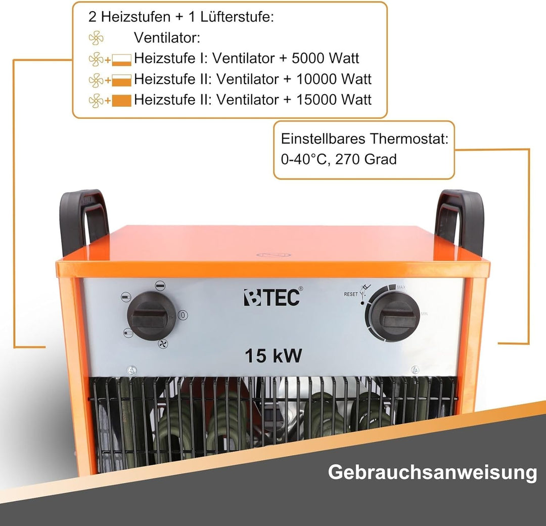 BTEC Heizlüfter 15000 Watt - Elektroheizer - 3 Heizstufen - Frostwächter - Perfekt für Baustelle, We