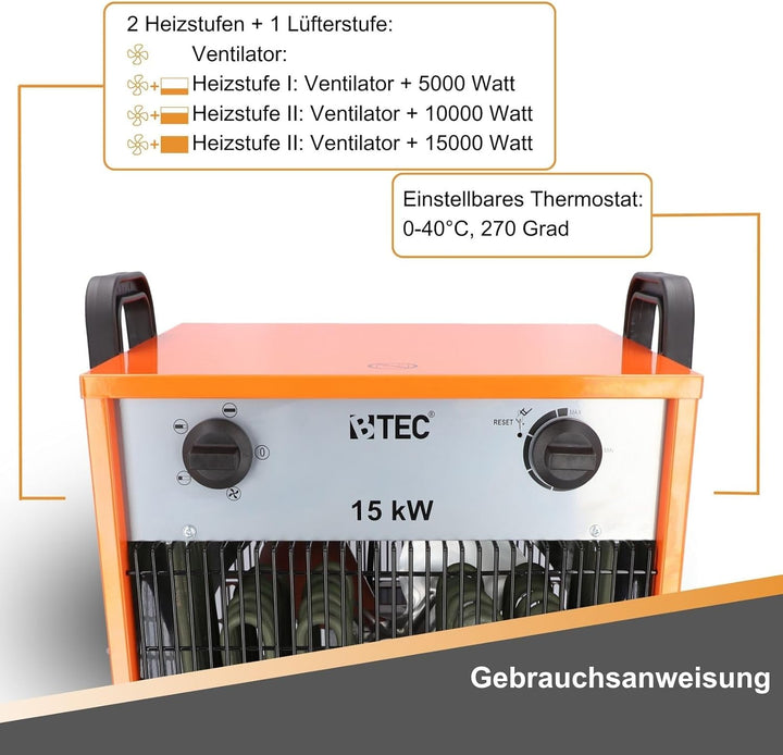 BTEC Heizlüfter 15000 Watt - Elektroheizer - 3 Heizstufen - Frostwächter - Perfekt für Baustelle, We