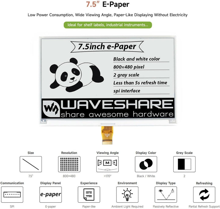 Waveshare 7.5 Inch E-Paper Raw Display Panel V2 800x480 Resolution 3.3V E-Ink Electronic Paper Scree