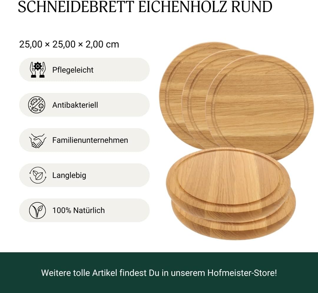 5X HOFMEISTER® Schneidebrett aus Eichen-Holz, rund 25 cm, kleines Tranchierbrett mit Saftrille, robu