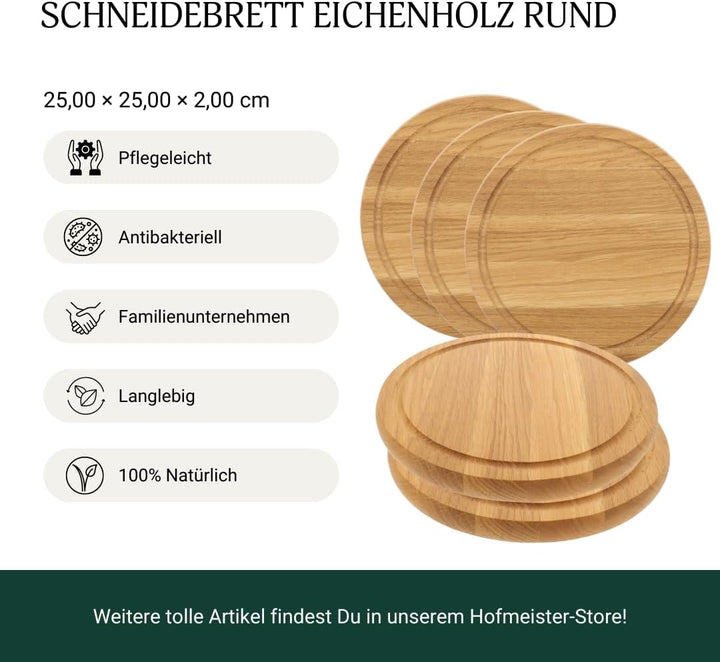 5X HOFMEISTER® Schneidebrett aus Eichen-Holz, rund 25 cm, kleines Tranchierbrett mit Saftrille, robu