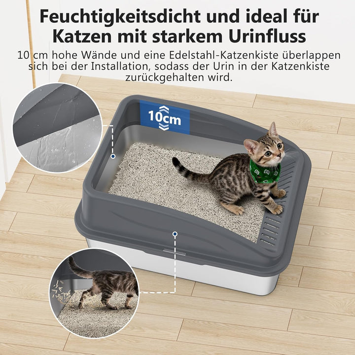 FURTIME Katzenklo Edelstahl, Katzentoilette Edelstahl 18L mit Schaufel, Katzenklo Metall mit Hochwan