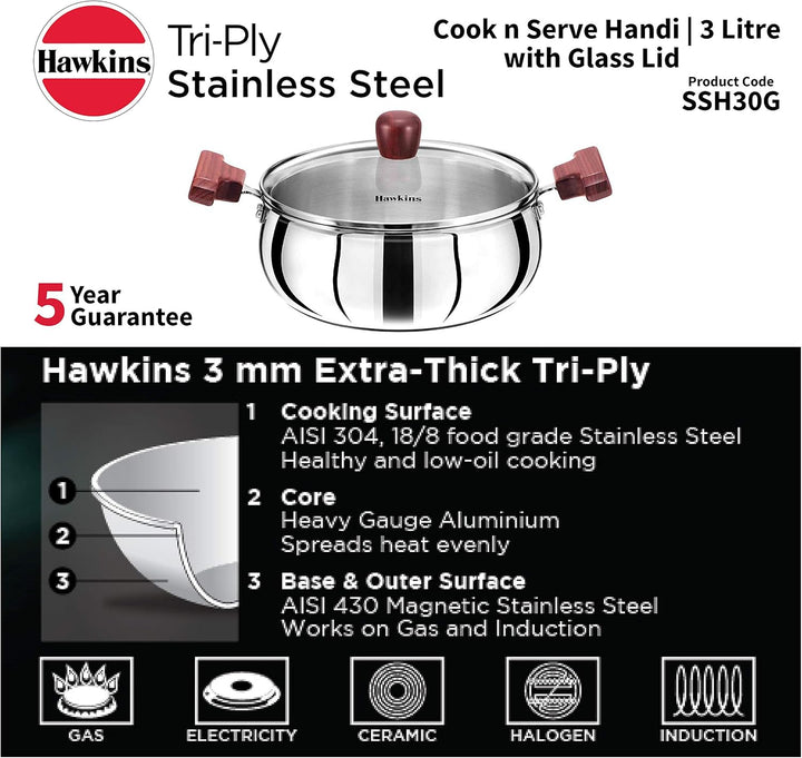 Hawkins 3 Liter Cook n Serve Handi Triply Edelstahl Handi mit Glasdeckel, Induktionssaucenpfanne, St
