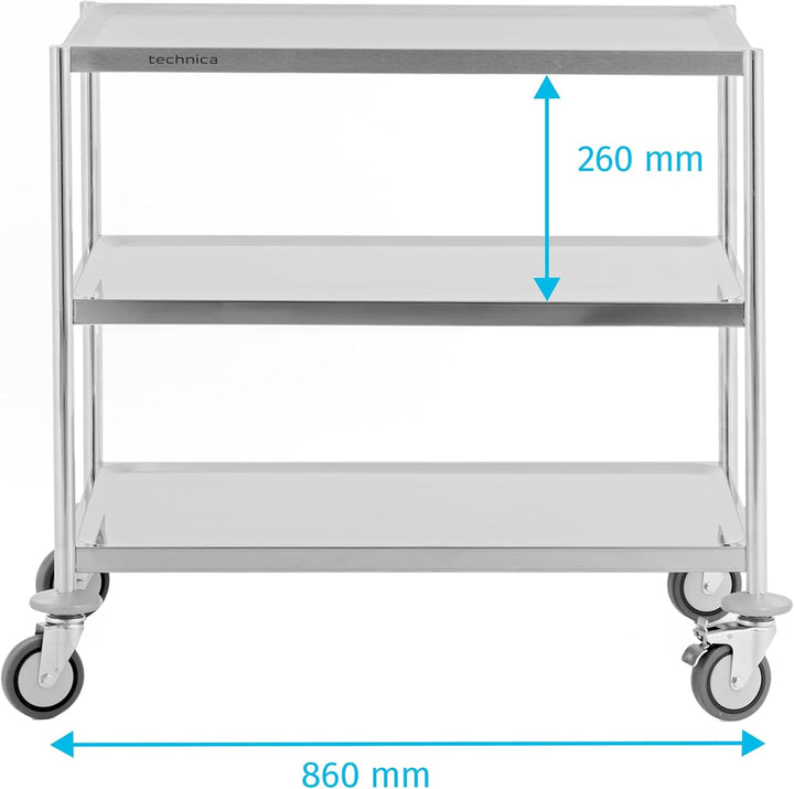 TECHNICA PRESTONA Servierwagen Edelstahl 3 Etagen mit Rollen & Bremse ohne Griffe 860x540x810mm Roll