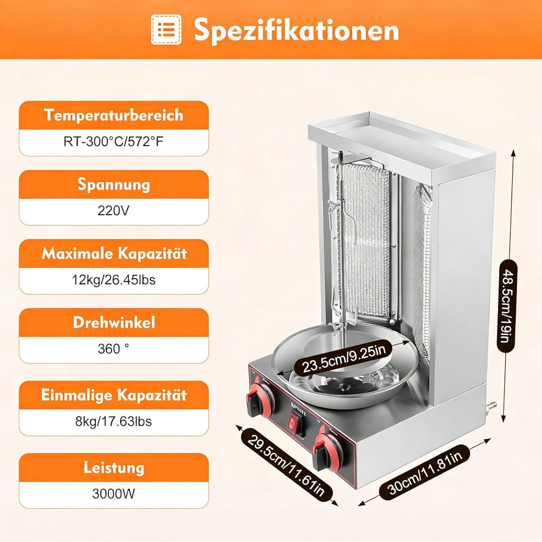 3000W Professionelle Gas-Schawarma-Grillmaschine Edelstahl Vertikalgrill mit 2 Keramikbrennern & 360