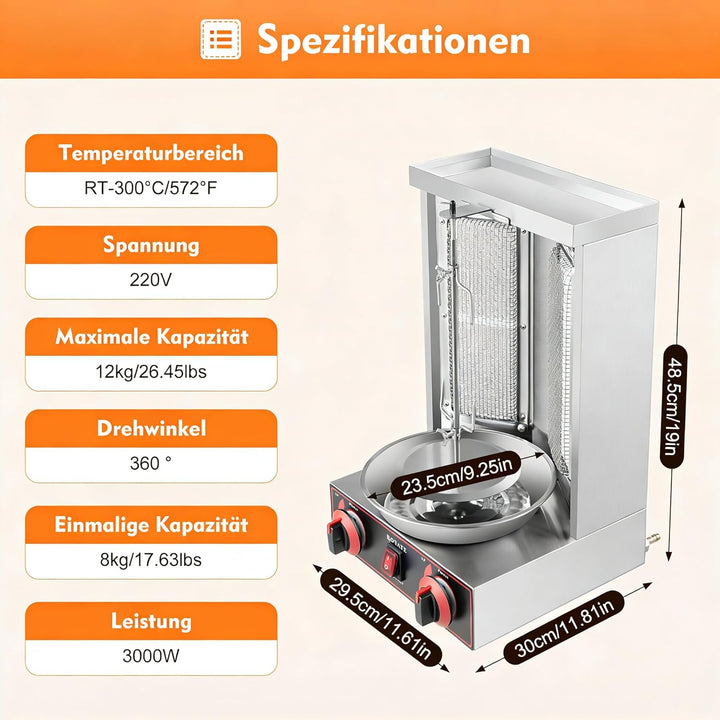 3000W Professionelle Gas-Schawarma-Grillmaschine Edelstahl Vertikalgrill mit 2 Keramikbrennern & 360