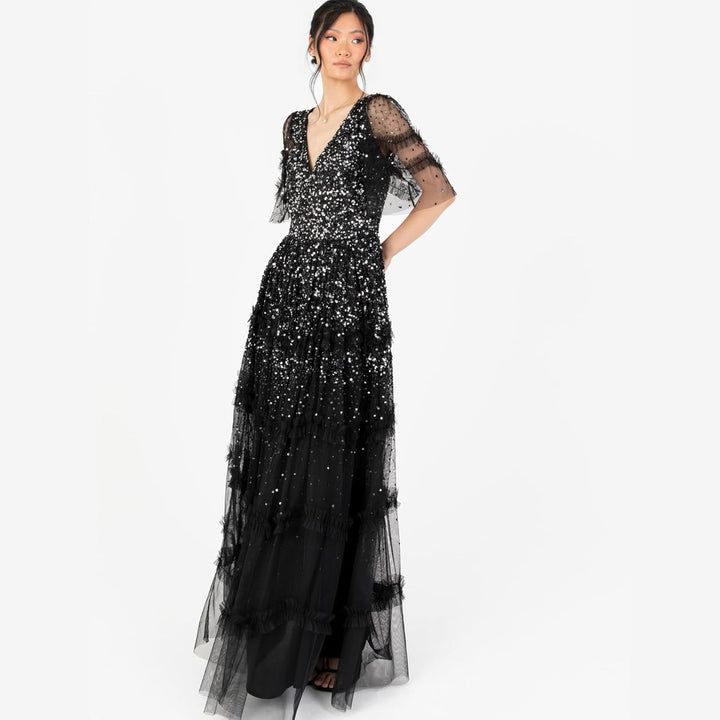 Maya Deluxe Damen Women's Maxi Dress Ladies V-Neck Sequin Embellished Ruffle Detail for Wedding Gues