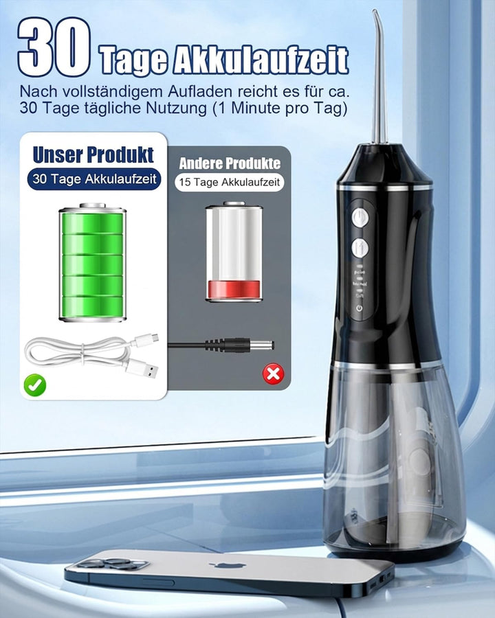 Munddusche Kabellos Elektrisch, 2026 380ml Wassertank, 3 Modi & 4 Düsen, 1600 Wasserstösse/Min, IPX7