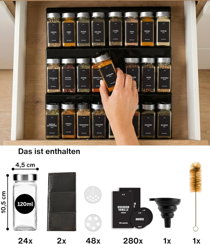 Deco haus® Gewürzregal mit Gläsern [MIT 24 GEWÜRZGLÄSER & ETIKETTEN] - Gewürzregal Schublade auszieh
