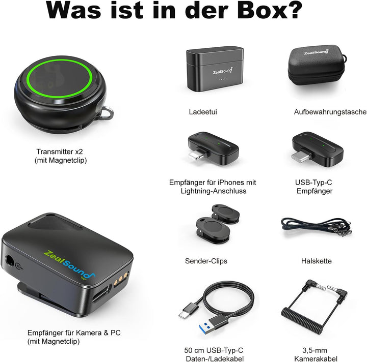 zealsound Kabellos Lavalier Mikrofon für iPhone/Kamera/Android/PC - 48KHz 24bits Hi-Fi-Audio, 40H La