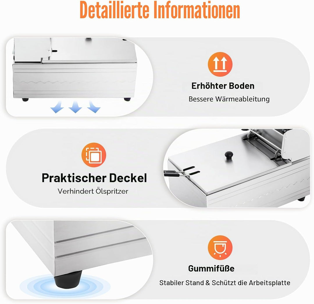 Edelstahl Elektrische Fritteuse 2,5 kW Schnellheizung 6L IPX3 Wasserdicht Kompakte Frittiergeräte fü