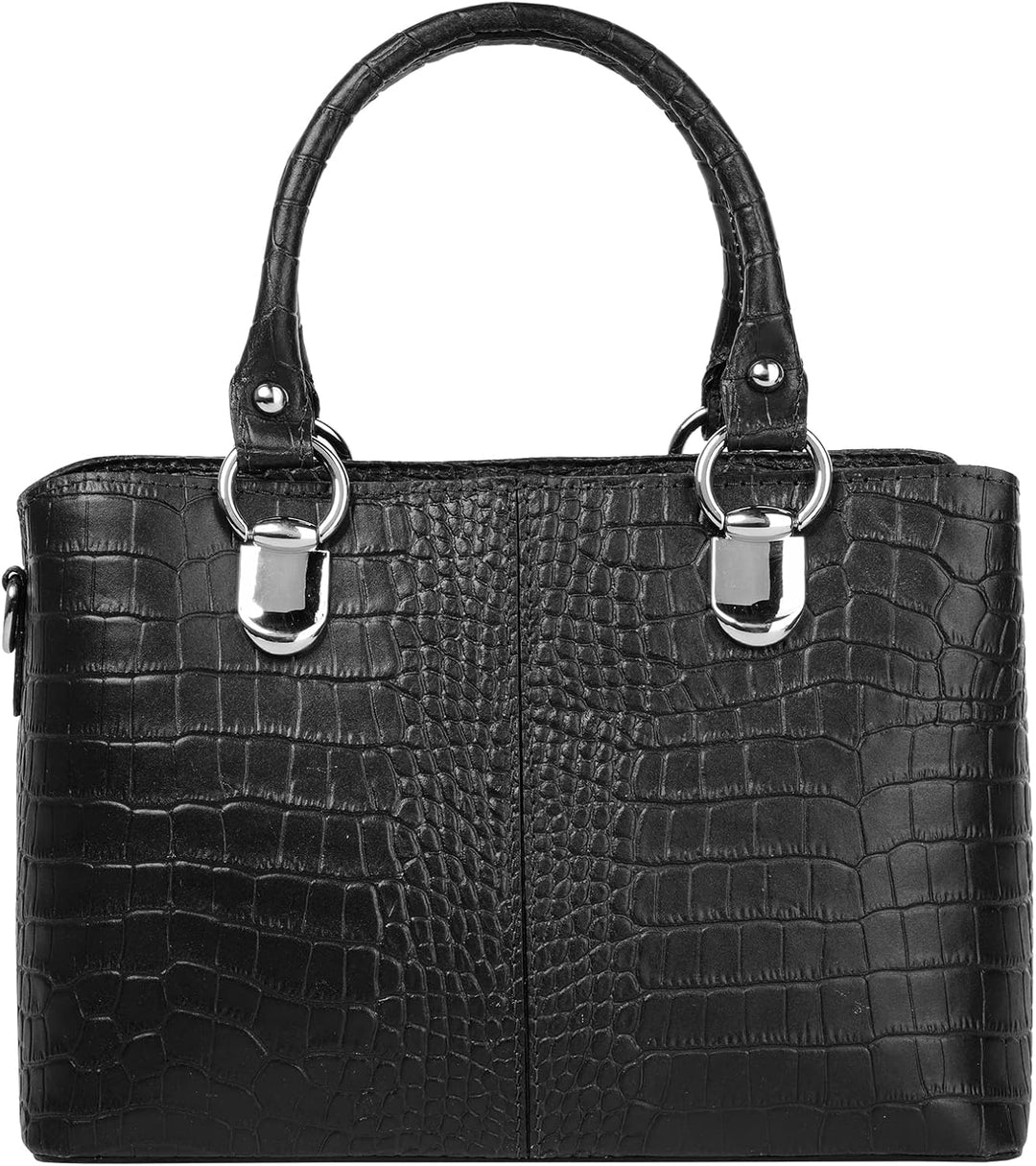 Umhängetasche Echt Leder Damen Made in Italy, Kroko-Optik Handtasche, Damen Schultertasche, elegante