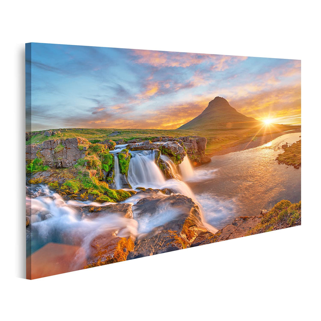 islandburner Bild auf Leinwand Schöne Landschaft Sonnenaufgang Kirkjufellsfoss Wasserfall Kirkjufell