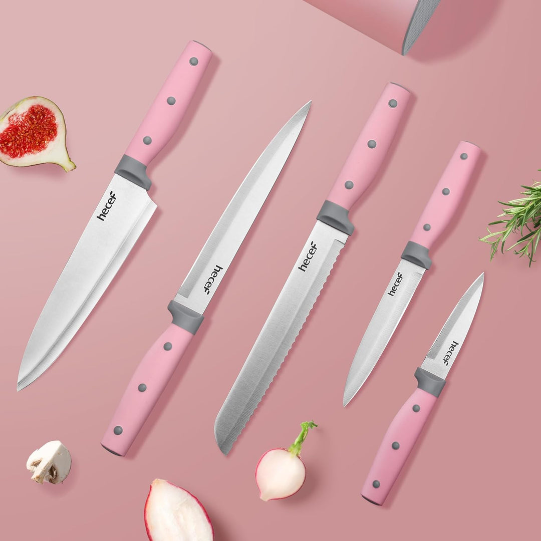 hecef Messerset, 6-tlg Universal Messerblock mit Messer, Scharf Edelstahl Messer Set mit dreifach ve