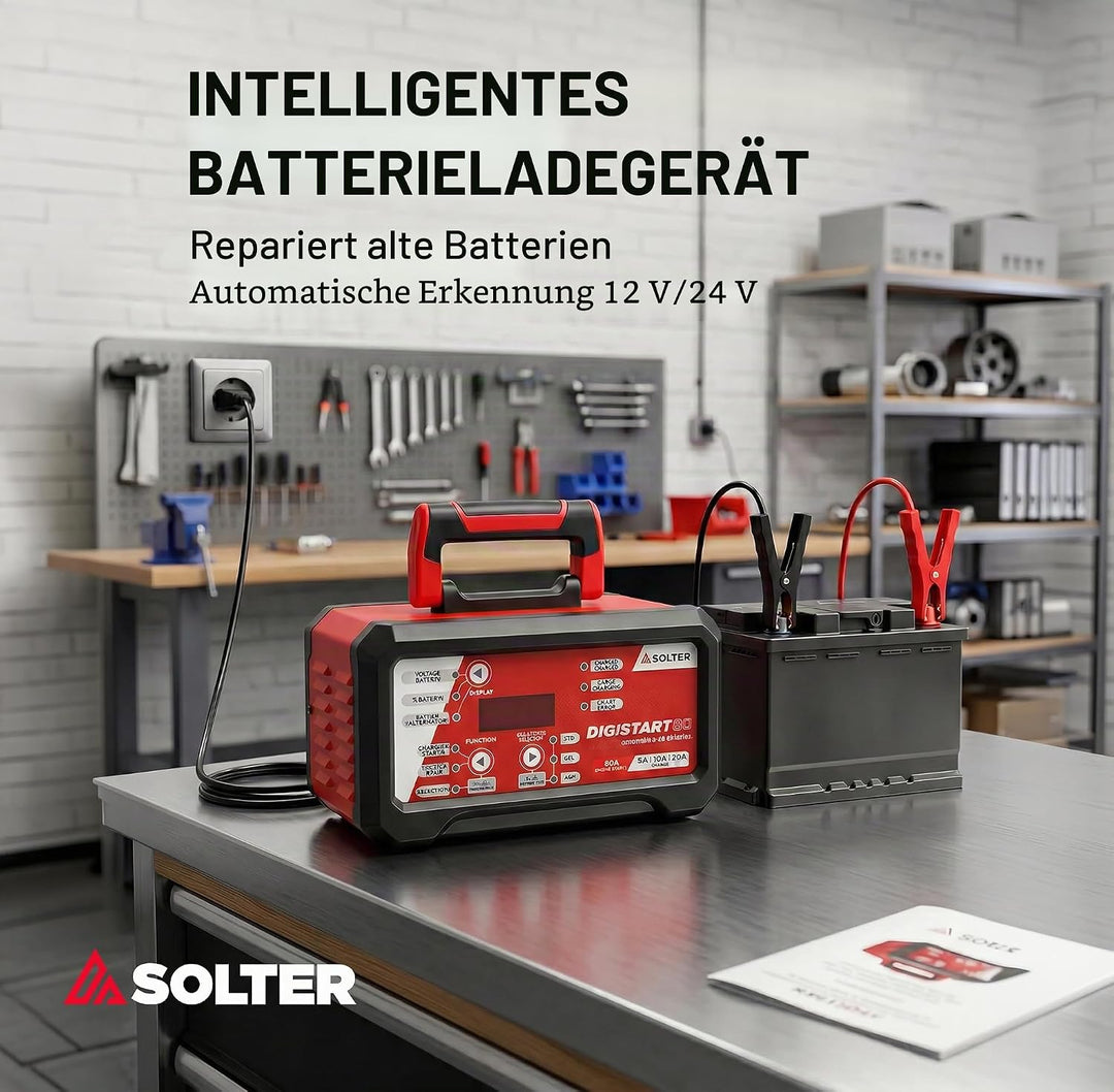 Solter Digistart 80 – Professionelles Ladegerät und Starthilfe, 12/24 V, 10 Stufen, 80 A, Reparaturm