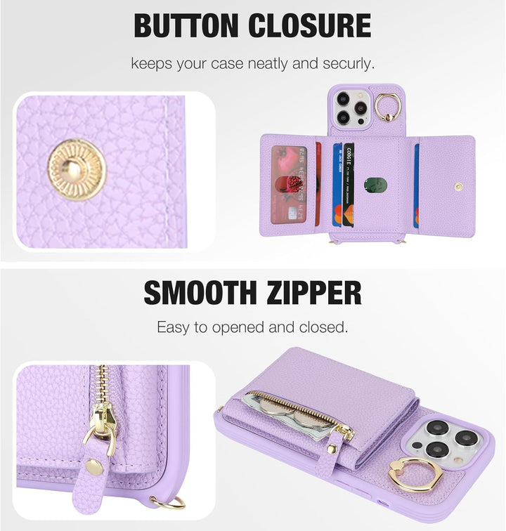 ELTEKER Handyhülle für iPhone 15 Pro Max Hülle mit Band Kartenfach Ringhalterung Geldbörse,Leder Kla