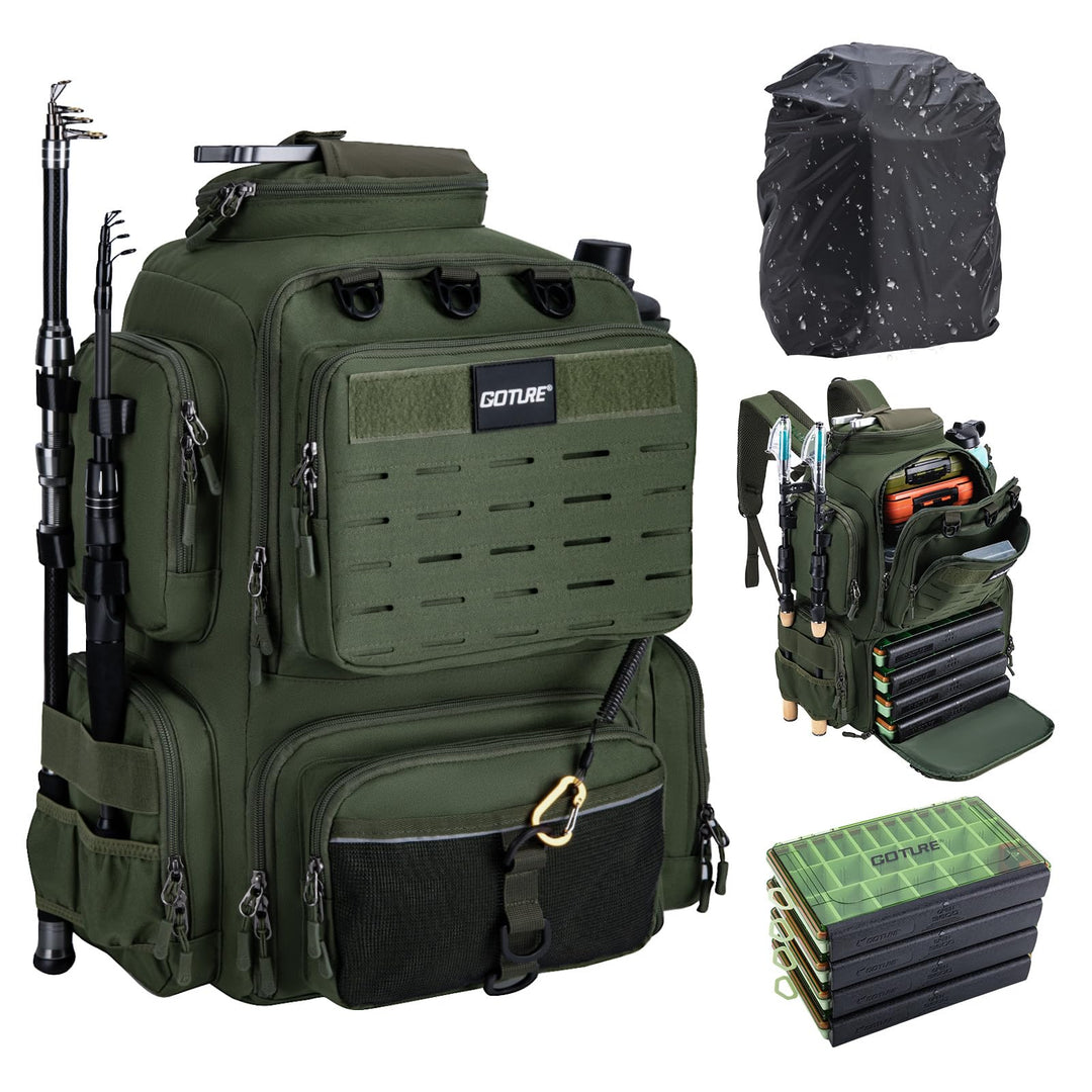 Goture Angelrucksack 45L mit Köderboxen, 600D Angelgerätetasche mit 2 Rutenhaltern, Regenschutz & So