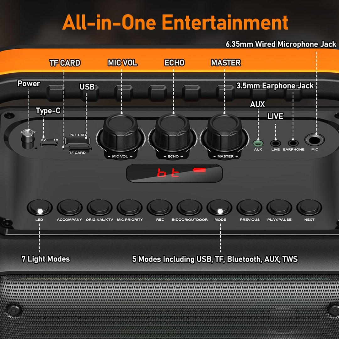 HWWR Karaoke-Maschine mit 2 Mikrofonen, tragbarer Bluetooth-Lautsprecher, PA-System für Erwachsene u