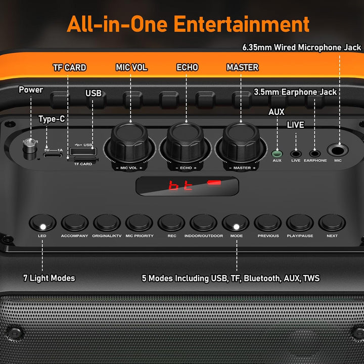 HWWR Karaoke-Maschine mit 2 Mikrofonen, tragbarer Bluetooth-Lautsprecher, PA-System für Erwachsene u