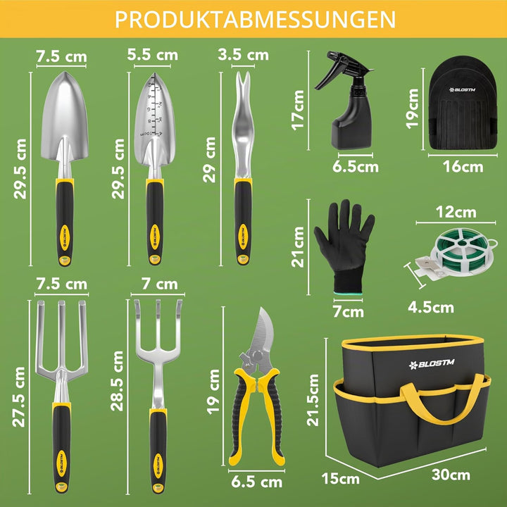 BLOSTM Gartengeräte Set 11-Teilig - Robuste Gartenwerkzeug Set mit wasserdichte Gartenwerkzeug Tasch