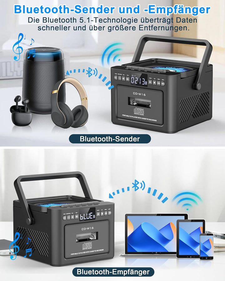 Greadio CD Player Tragbar, Boombox Kassettenspieler mit UKW Radio, Bluetooth 5.1, 5000mAh wiederaufl