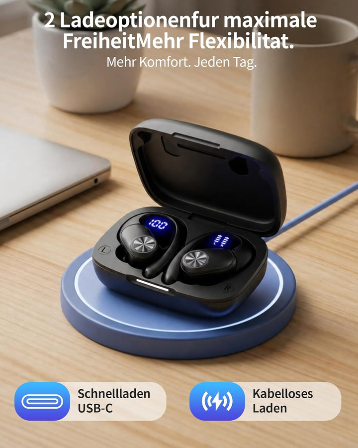 Kabellose Bluetooth Kopfhörer Sport 5.3, 80h Laufzeit, Doppel LED Akkuanzeige, IPX7 Wasserdicht, 13m