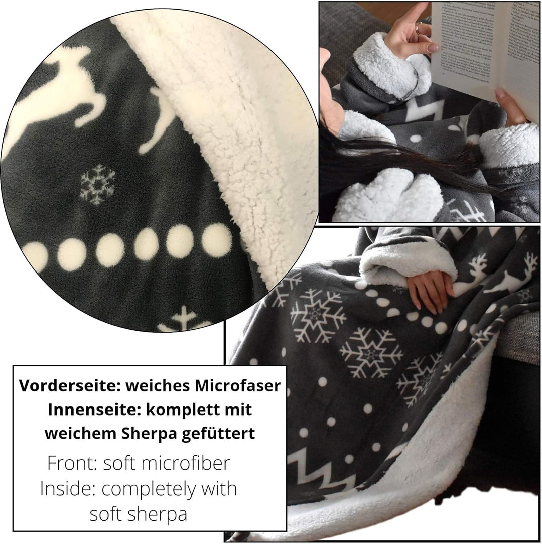 HOMELEVEL Sherpa Kuscheldecke mit Ärmeln Ärmeldecke 200cm x 150cm Dunkelgrau Norweger/Sherpa, Dunkel