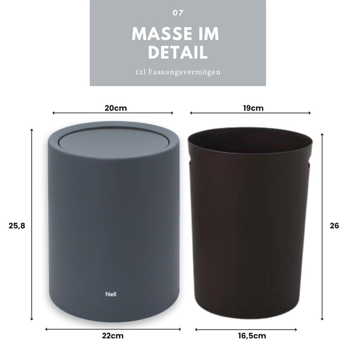 Nell 8L Mülleimer Bad Grau Matt mit Schwingdeckel – Perfekt als eleganter Kosmetikeimer, Ideal auch