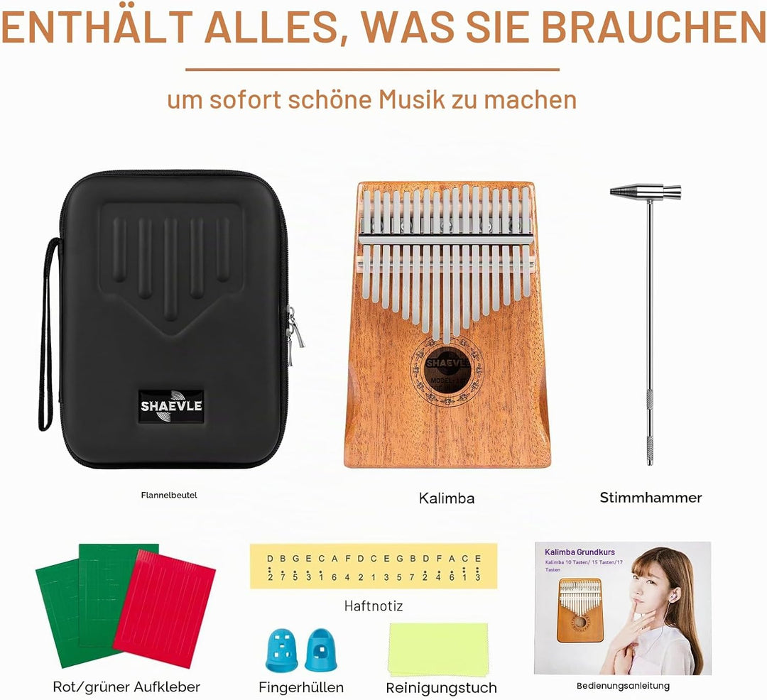 Shaevle Kalimba Daumenklavier, 17 Tasten Musikinstrument Inkl. Fingerklavier Tragetasche Stimmhammer