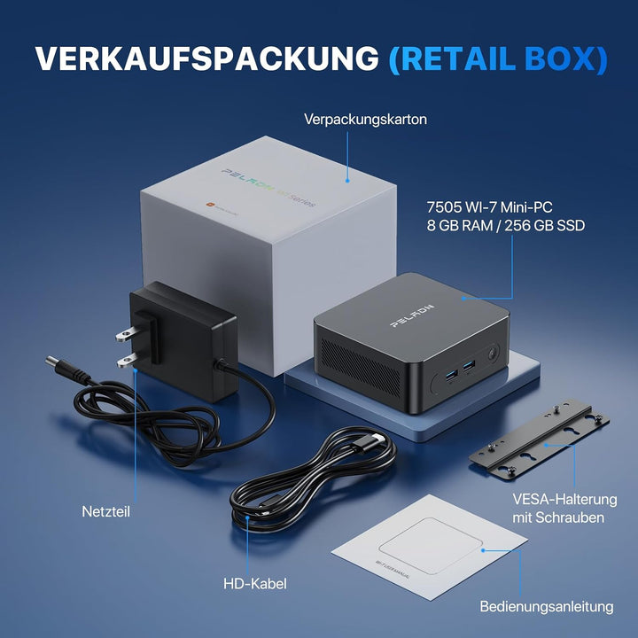 PELADN Mini PC, 7505(up to 3.5GHz),8GB LPDDR4/256GB SSD,Type-C/Dual HDMI 4K/60Hz Triple-Display WiFi