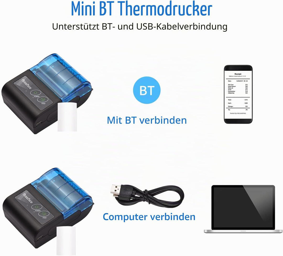 XGR-POS581 Mini Tragbarer Thermodrucker Belegticketdrucker 2 Zoll Wireless USB Beleg Ticket Drucker