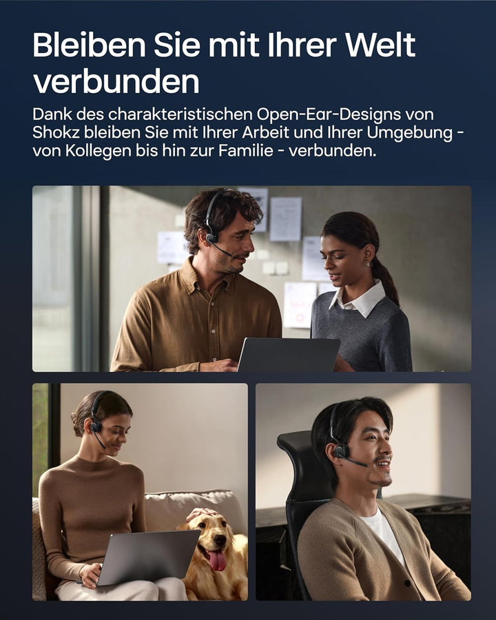 SHOKZ OpenMeet Knochenleitungs-Headset, Open-Ear-Kopfhörer mit 2 Mikros mit Geräuschunterdrückung, W