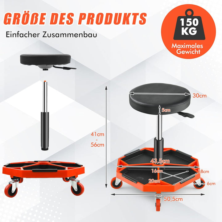 GOPLUS Werkstatthocker 41-56cm höhenverstellbar, Rollhocker mit Werkzeugablage & 4 Universalrädern,