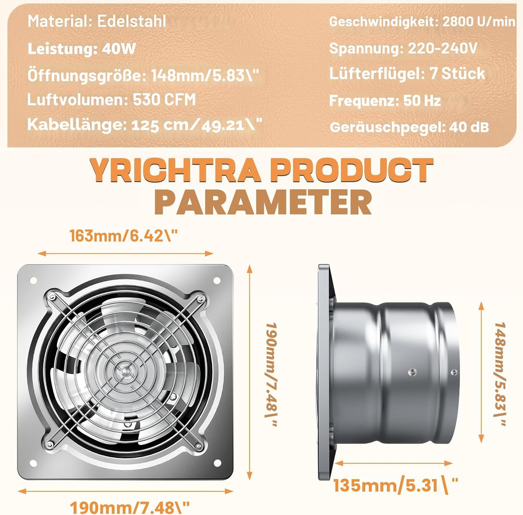 Abluftventilator 150mm Leiser Lüfter 525m³/h mit Rücklaufventil, Leistungsstarke Metall Wandventila