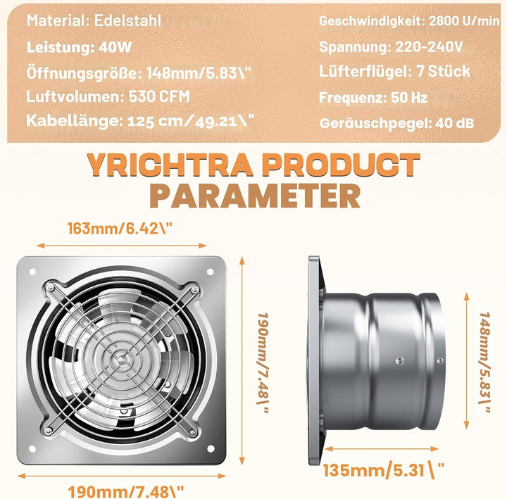 Abluftventilator 150mm Leiser Lüfter 525m³/h mit Rücklaufventil, Leistungsstarke Metall Wandventila