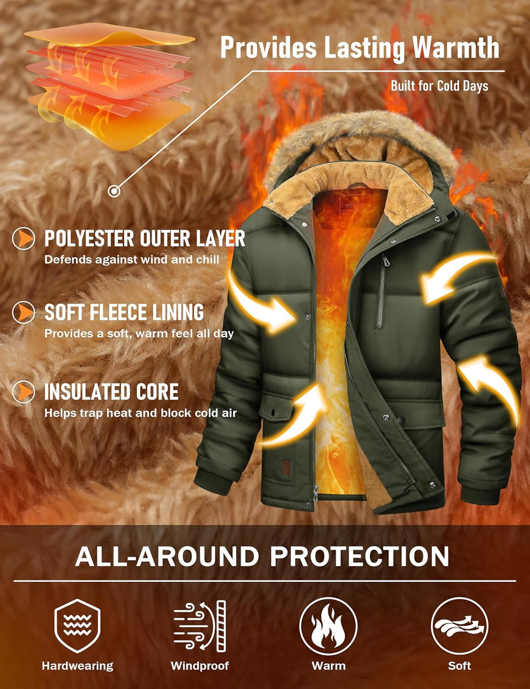 MAGCOMSEN Herren Winter Parka Jacke Winddicht Outdoor Warme Fleecejacke Freizeit Übergangsjacke Wass