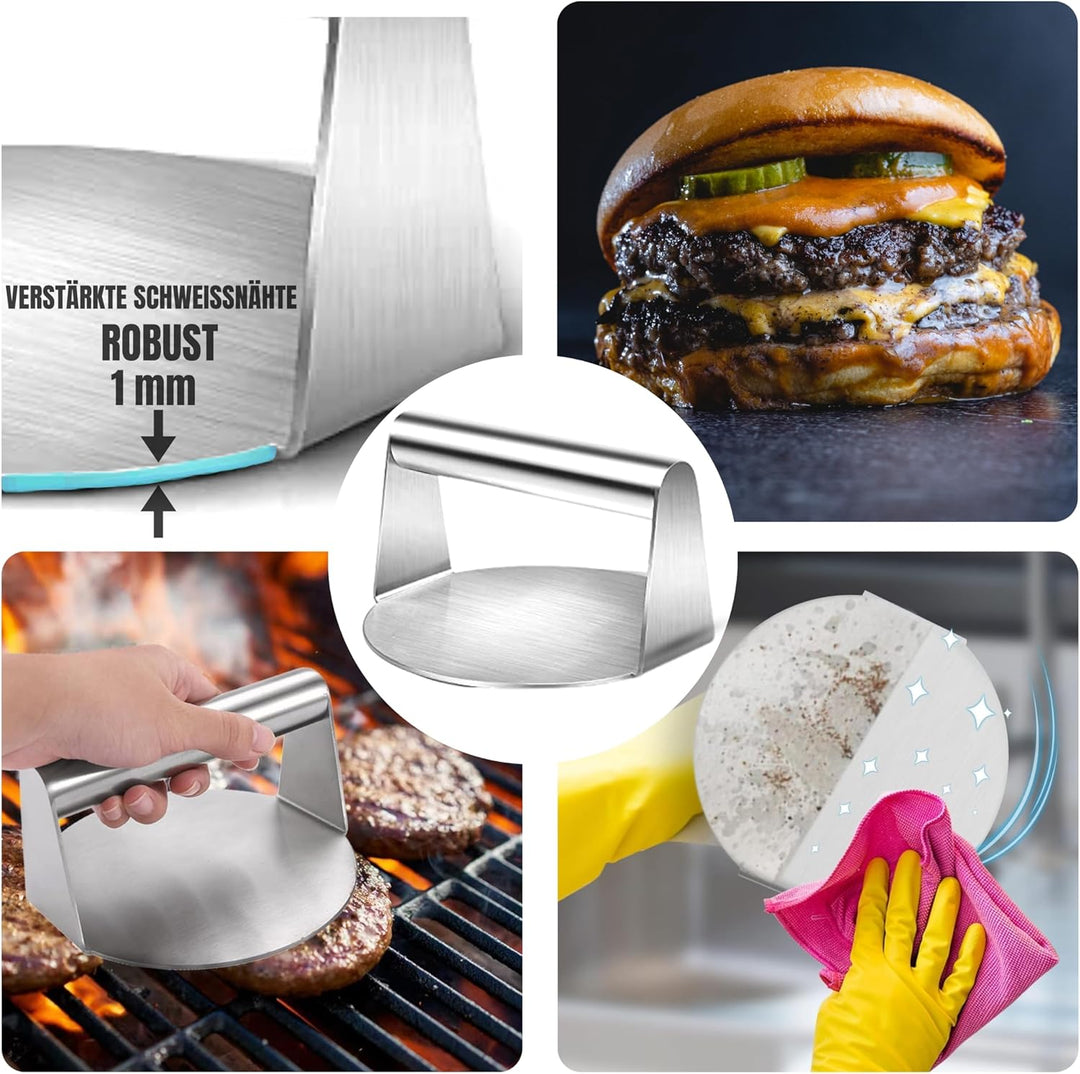 Pukpu - Smash Burger Set - Inkl. Burgerpresse, 2 Grillspachtel, 2 Burgerglocke und Grillspiesse - Sm