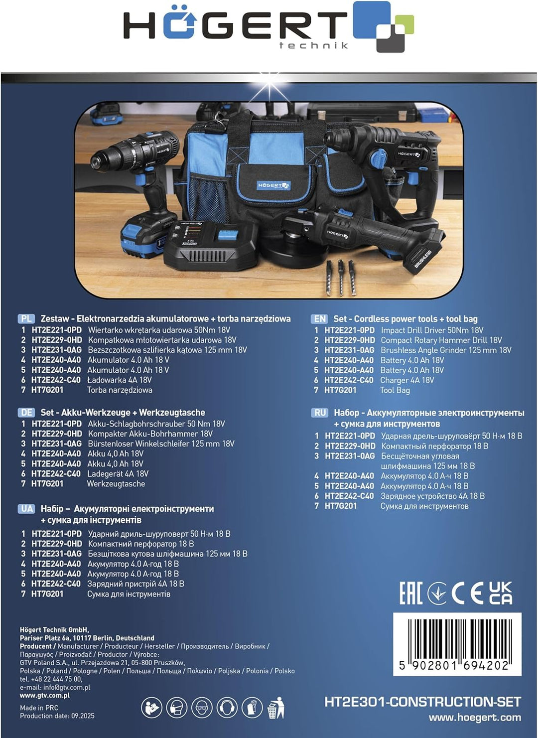 HÖGERT TECHNIK - Akku Elektrowerkzeug Set 18V Schlagbohrschrauber Bohrhammer SDS+ Winkelschleifer 12
