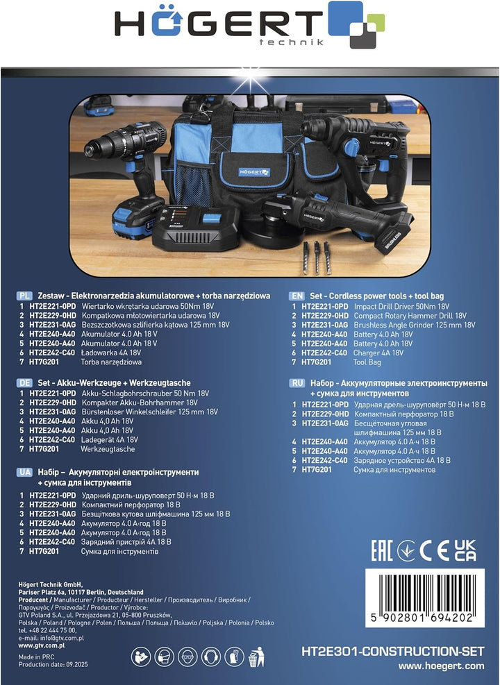HÖGERT TECHNIK - Akku Elektrowerkzeug Set 18V Schlagbohrschrauber Bohrhammer SDS+ Winkelschleifer 12