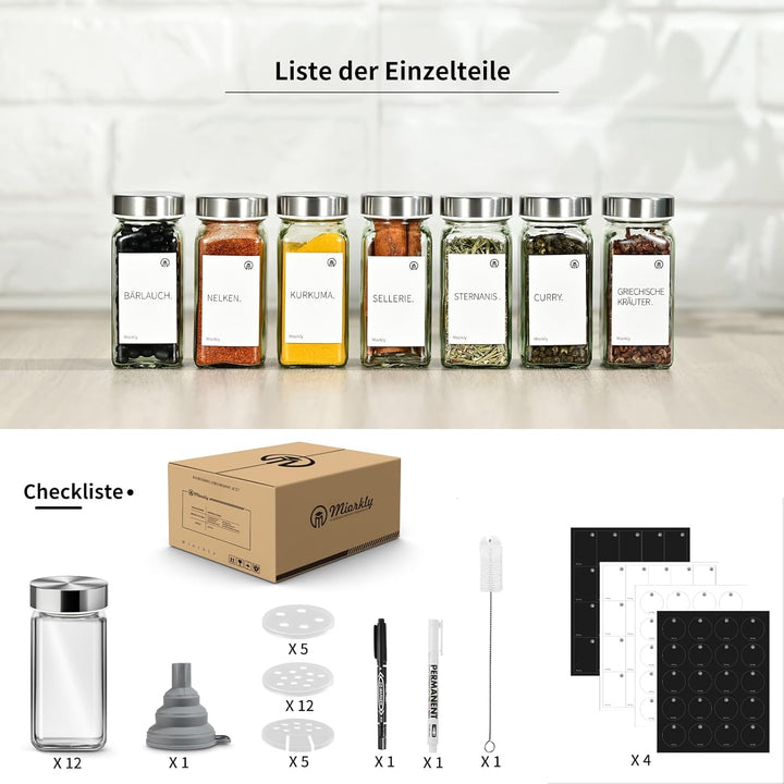 Miorkly Gewürzgläser Eckig Mit Streueinsatz - 12 Stück 120ml Gewürzdosen Mit Edelstahl Deckel, Streu