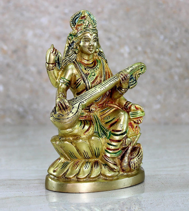 Saraswati Maa Murti Idol Statue aus Messing für Heimdekoration und Tempel, 24,8 cm, Mehrfarbig (Gold