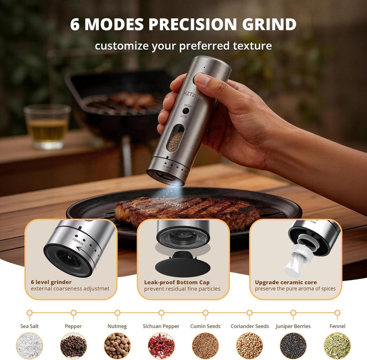 Salz und Pfeffermühle Elektrisch Set, HZTzone USB-C Wiederaufladbar Gewürzmühle mit Ladestation, Ker