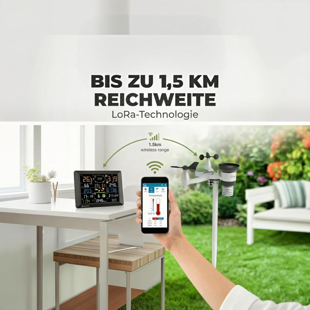 Bresser Wetterstation 1,5km Reichweite, WLAN, 7-in-1 Aussensensor, Solar, UV, Wind, Regen, WLAN Uplo
