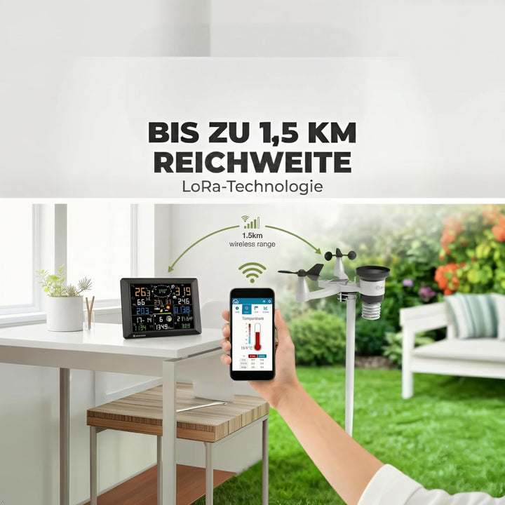 Bresser Wetterstation 1,5km Reichweite, WLAN, 7-in-1 Aussensensor, Solar, UV, Wind, Regen, WLAN Uplo