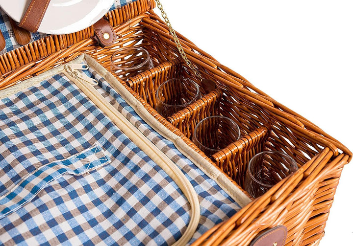 2 Handgefertigte Picknickkörbe für 4 Personen mit Kühlfach, Edelstahlbesteck, Porzellanteller, Weing