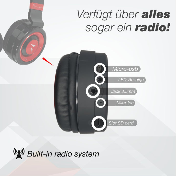 Techmade TM-046 Bluetooth-Kopfhörer – Faltbar, Over-Ear, Mikrofon, FM-Radio, SD-Karten-Slot, (rot)