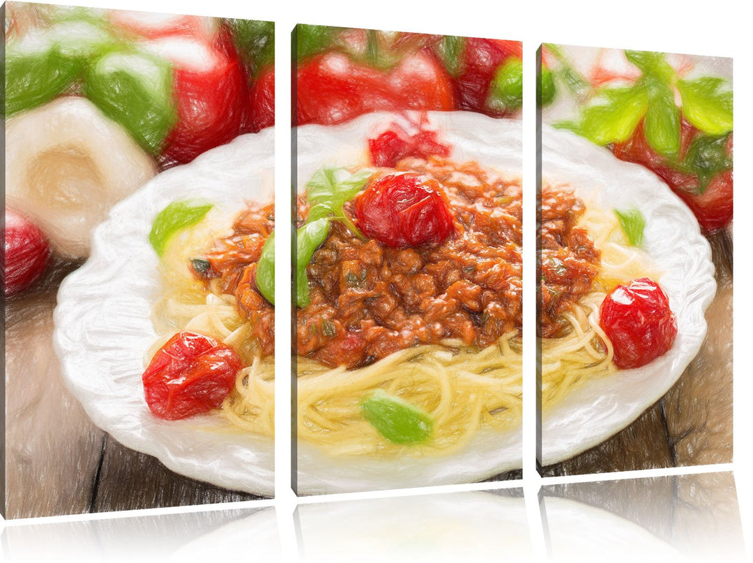 Pixxprint Spaghetti Bolognese auf dem Teller als Leinwandbild/Grösse: 3 Teilig (120x80) cm/Wandbild/